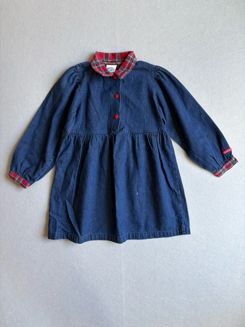 Vintage 90s OshKosh B’gosh Denim Dress with Red Plaid sz 6 USA made! 100% cotton